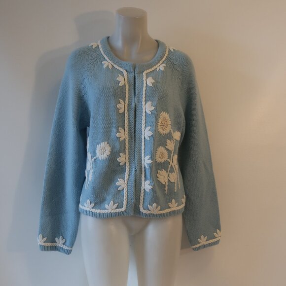 Womens LoveShackFancy Blue, White Embroidered Knit Floral Cardigan Sweater L - Picture 1 of 8